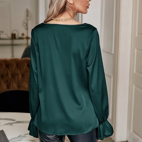 Satin silky long sleeve ruffle cuff cowl neck swoop blouse burgundy red - Picture 11 of 12